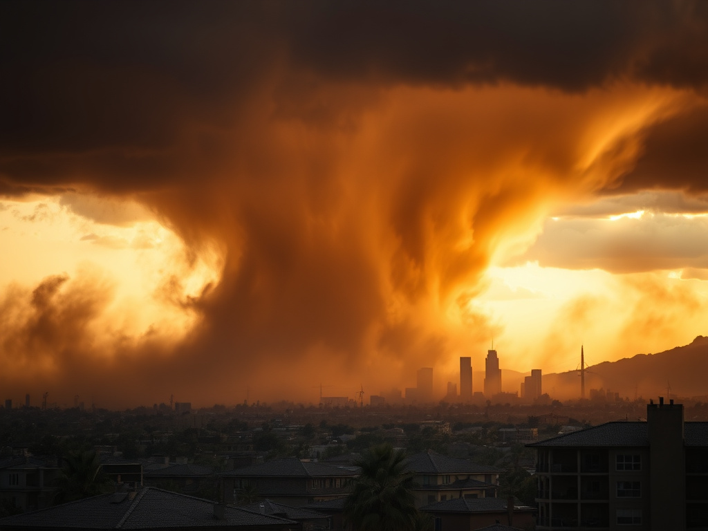 Storm clouds building over a Phoenix flat roof ahead of monsoon season