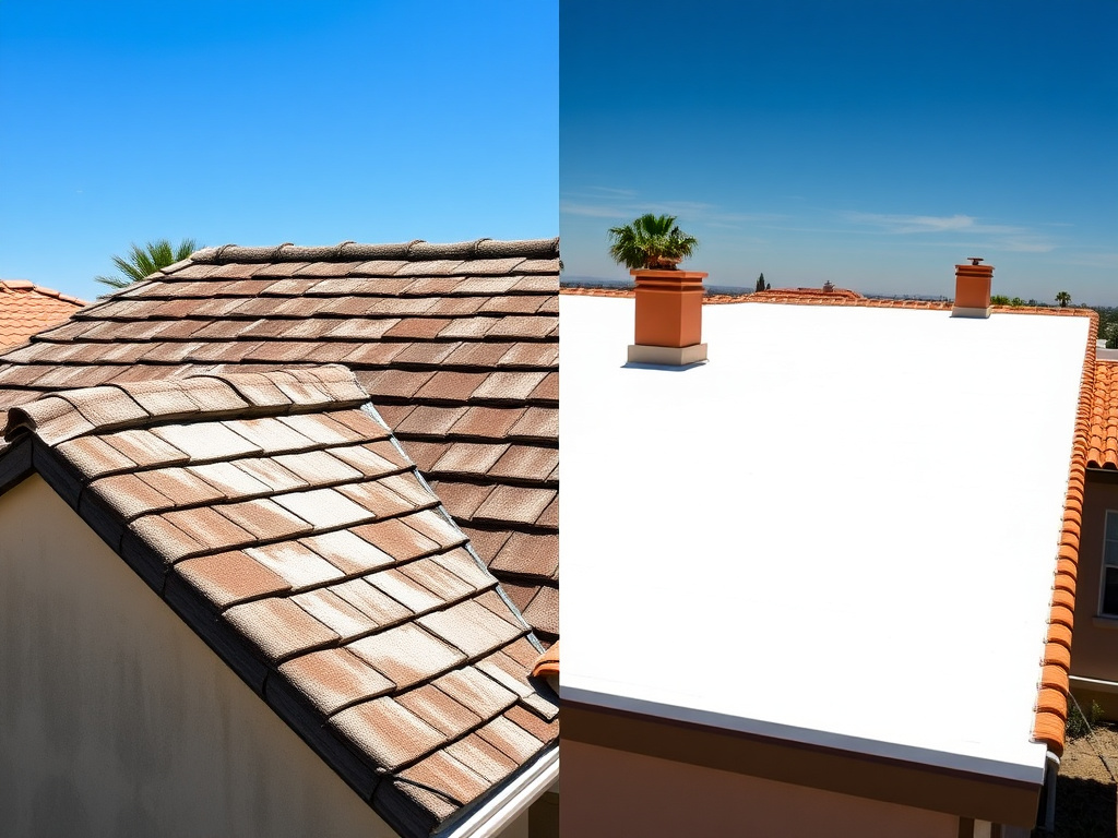 Side-by-side comparison of a spray foam roof section against a traditional shingle roof section in Phoenix