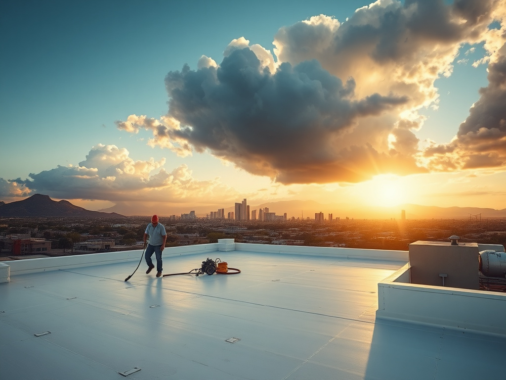 Seamless white spray polyurethane foam roof installed on a Phoenix building under a bright desert sky
