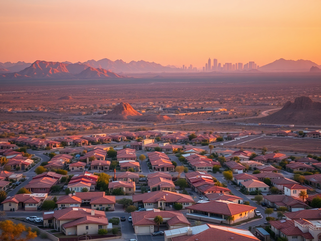 Aerial view of Phoenix-area rooftops across low-slope residential and commercial buildings