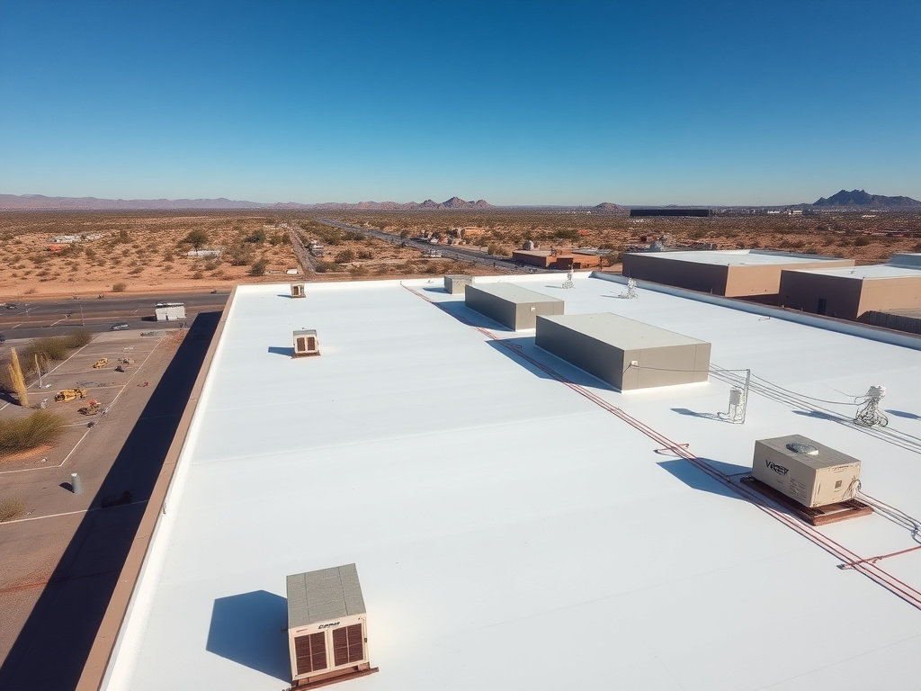 Wide Phoenix commercial flat roof coated in seamless white SPF membrane