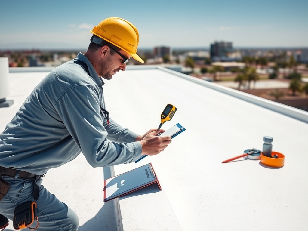 Roofing technician inspecting a Phoenix foam roof surface with a moisture meter