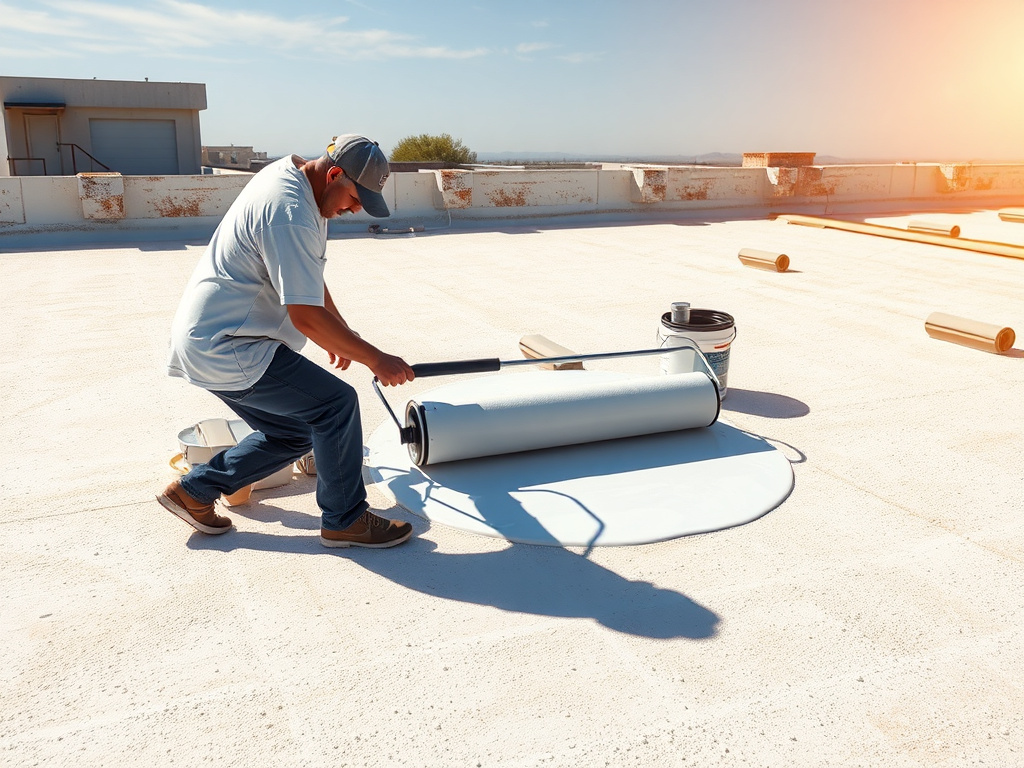 Applicator rolling reflective silicone recoat onto an aged Phoenix foam roof