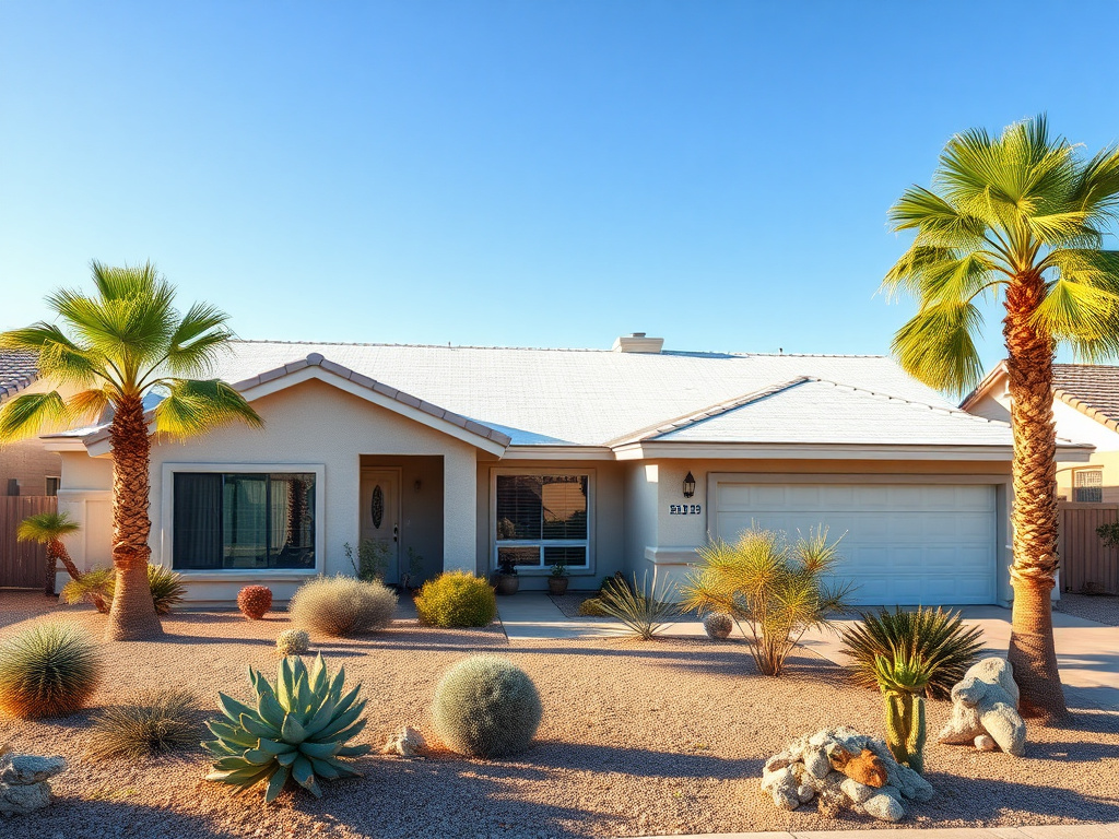Phoenix residential ranch home with a fresh white spray foam roof under a desert sky