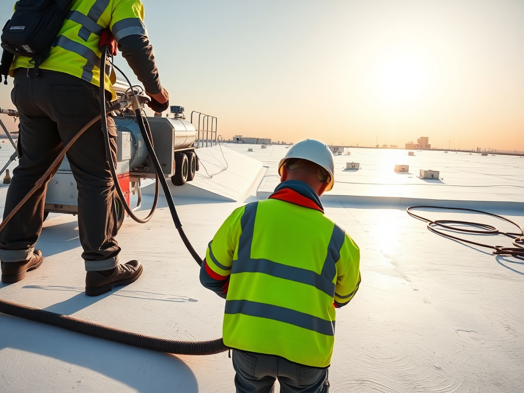 Crew spraying seamless white polyurethane foam roofing on a Phoenix flat roof