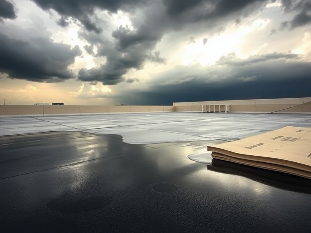 Standing water on a flat Phoenix commercial roof before tapered foam correction