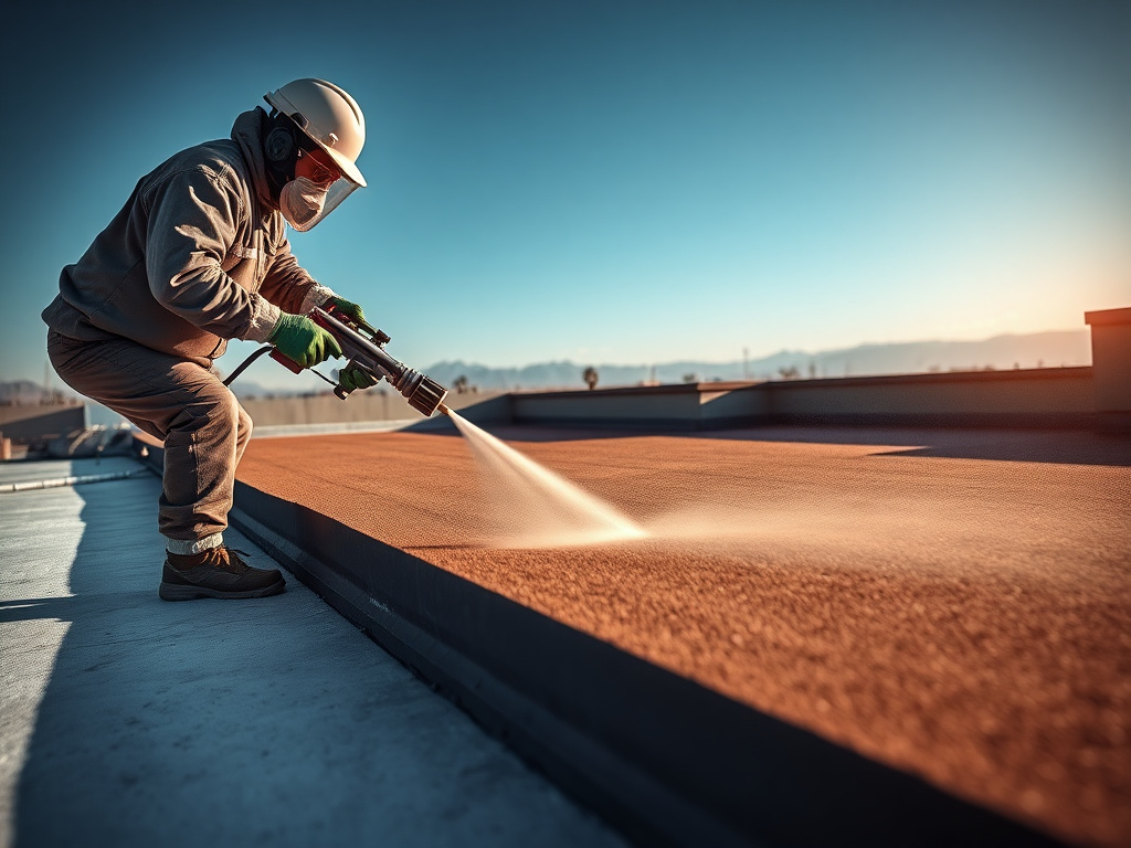 Spray foam roofing applicator applying seamless polyurethane foam to a Phoenix roof deck